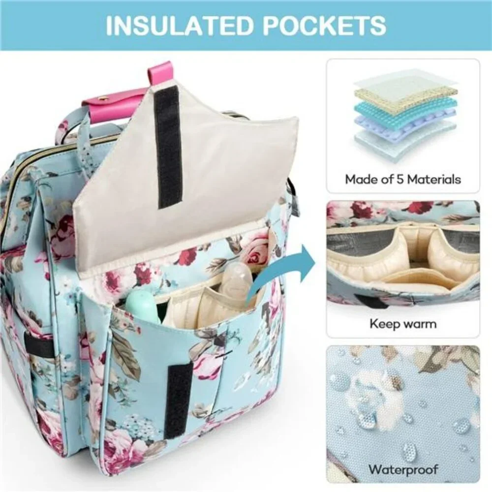 Large floral diaper bag backpack waterproof maternity travel baby bag with pad